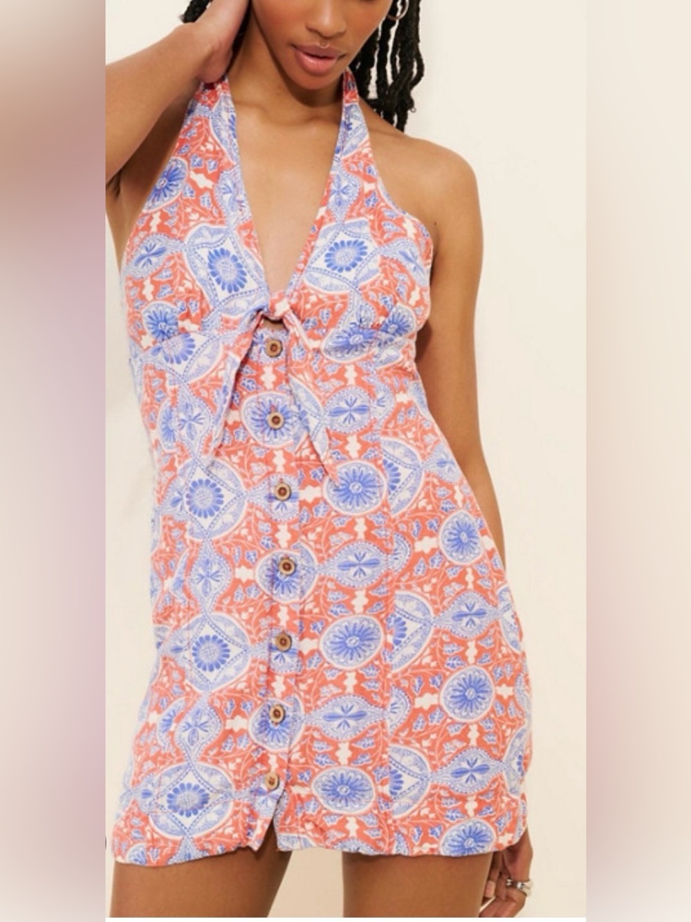 Anthropologie Maeve Tie-Front Halter Mini Dress Medium Blue Orange Boho linen